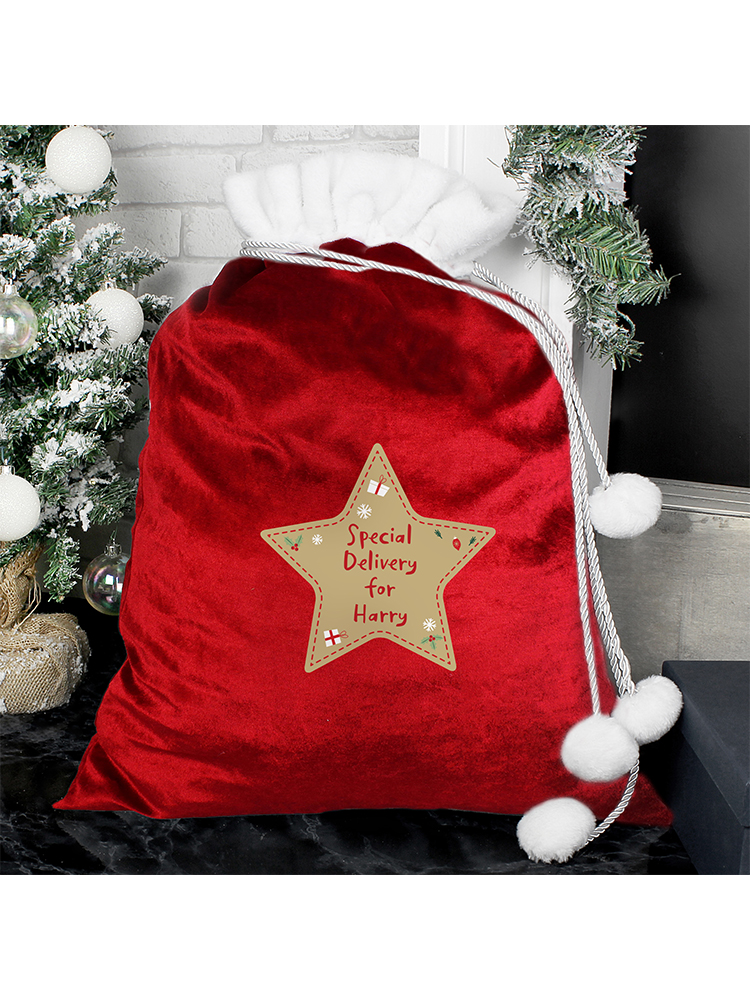 Personalised Free Text Star Luxury Pom Pom Red Sack Novelties Parties Direct Ltd 2369